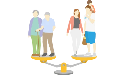 高齢者と若い世代がシーソーに乗るイラスト