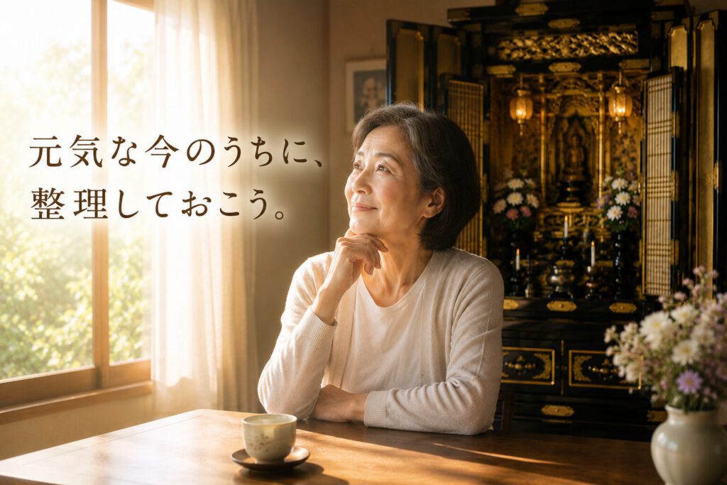 窓辺の光を見つめながら前向きな表情を浮かべる60代女性と仏壇。元気なうちに仏壇処分を考えるイメージ画像