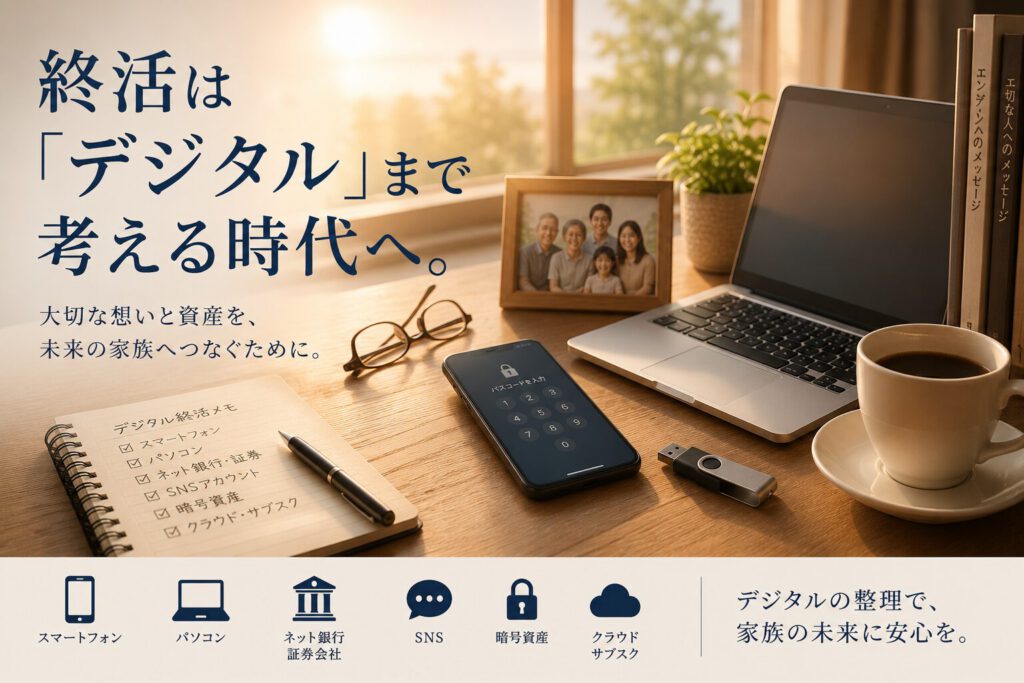 ノートパソコンやスマートフォン、USBメモリ、家族写真が並ぶ机と「終活はデジタルまで考える時代へ」というメッセージを表現したデジタル終活のイメージ画像