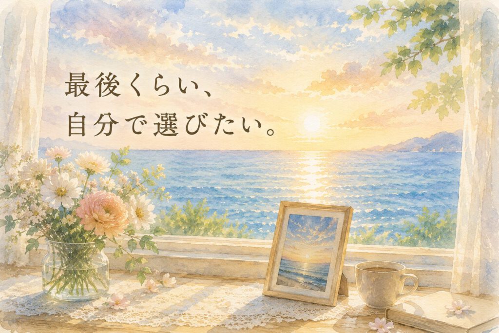 窓辺に飾られた花と写真立ての向こうに穏やかな海が広がる水彩画。自分らしい最期やあの世離婚について考えるイメージ画像