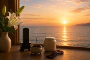 窓越しに夕日の映える海が見える。窓辺には遺骨、位牌、線香、百合の花が置かれた画像。